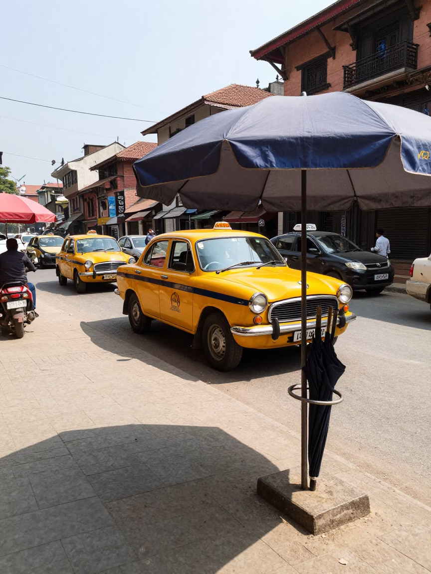 Busy Kathmandu Street Scene with Yellow Taxi and Umbrella Stand in Bright Midmorning Light in in Kathmandu, Nepal