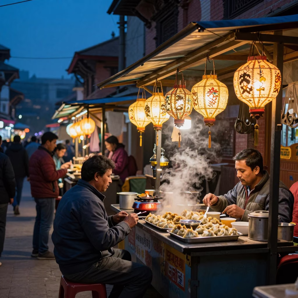 Busy Kathmandu Street Stall at Blue Hour with Steaming Momos and Lanterns in in Kathmandu, Nepal