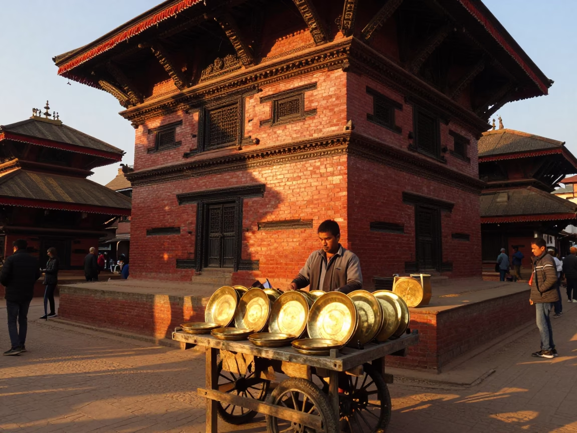 Busy Kathmandu Street Stall at Sunset with Brass Plates and Enamel Bowls in in Kathmandu, Nepal