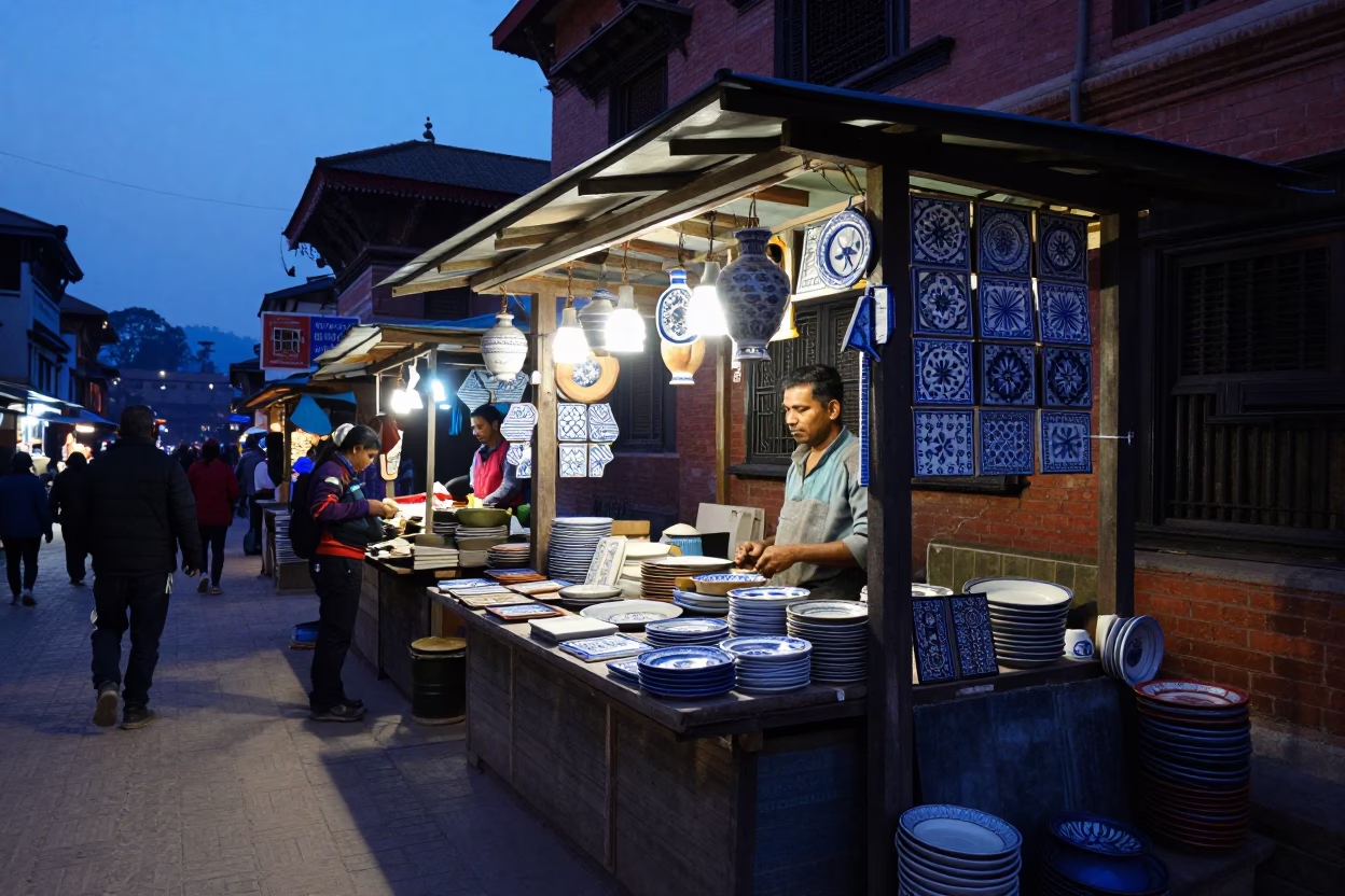 Busy Kathmandu Street Stall Under Indigo Twilight with Ceramic Tiles and Local Commerce in in Kathmandu, Nepal