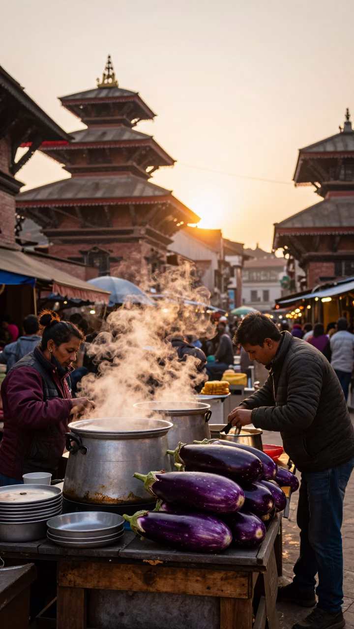 Busy Kathmandu Street Stall with Eggplants and Evening Light in Nepal in in Kathmandu, Nepal