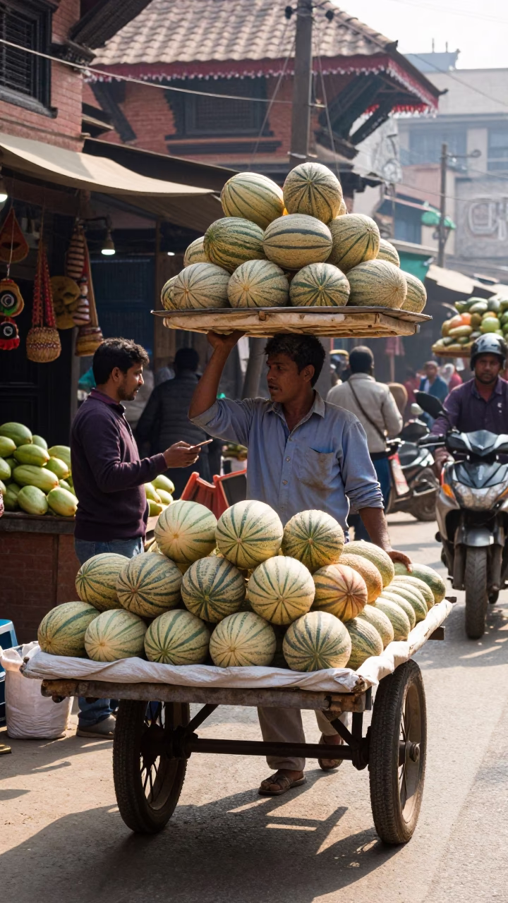 Busy Kathmandu Street Vendor Selling Fresh Melons Under Late Morning Sunlight in in Kathmandu, Nepal