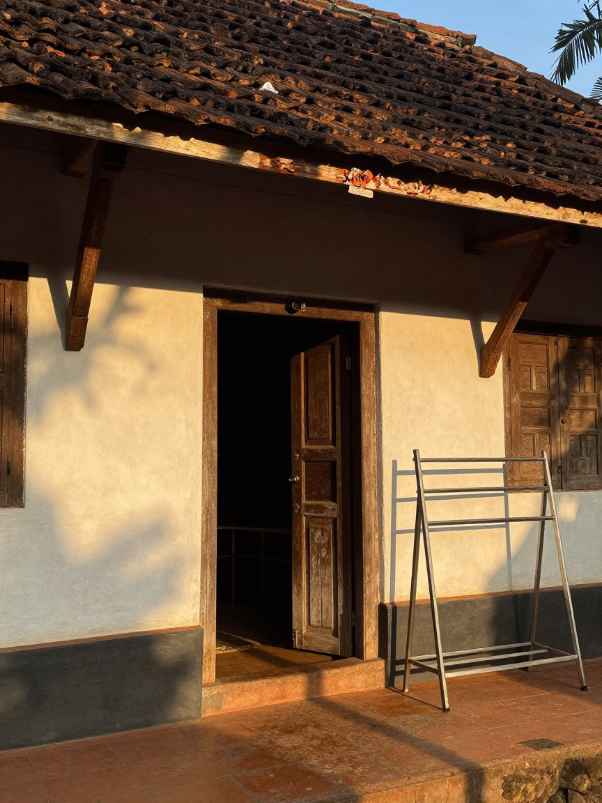 Busy Kerala Home Entrance During Golden Hour With Drying Rack And Cat in in Kochi, India