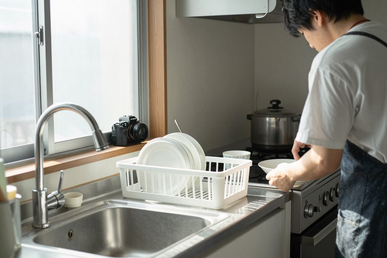 Busy Kitchen in Fukuoka at Bright Midmorning Light in in Fukuoka, Japan