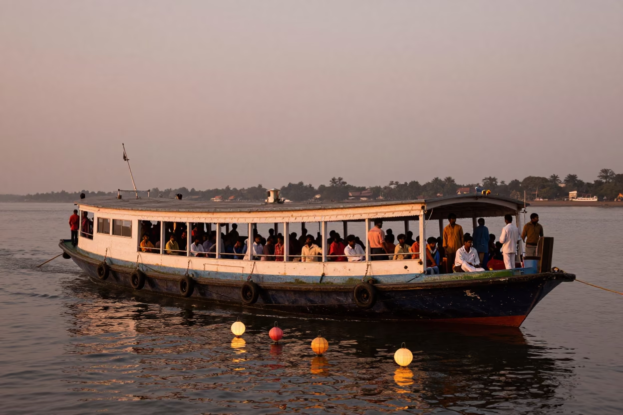Busy Kochi Backwaters Ferry Crossing at Dusk with Paper Lanterns Floating on Water in in Kochi, India