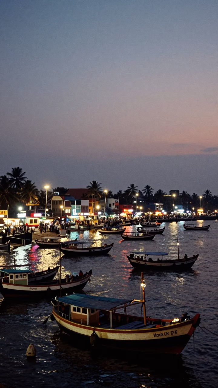Busy Kochi Harbor at Dusk with Junk Boats and City Lights in Kerala India in in Kochi, India