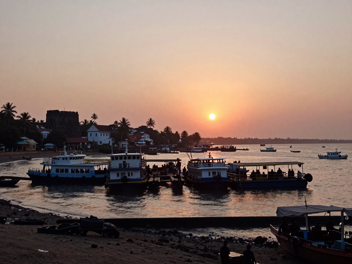 Busy Kochi Harbor at Sunset with Ferry Ramp and Traditional Wooden Boats in in Kochi, India