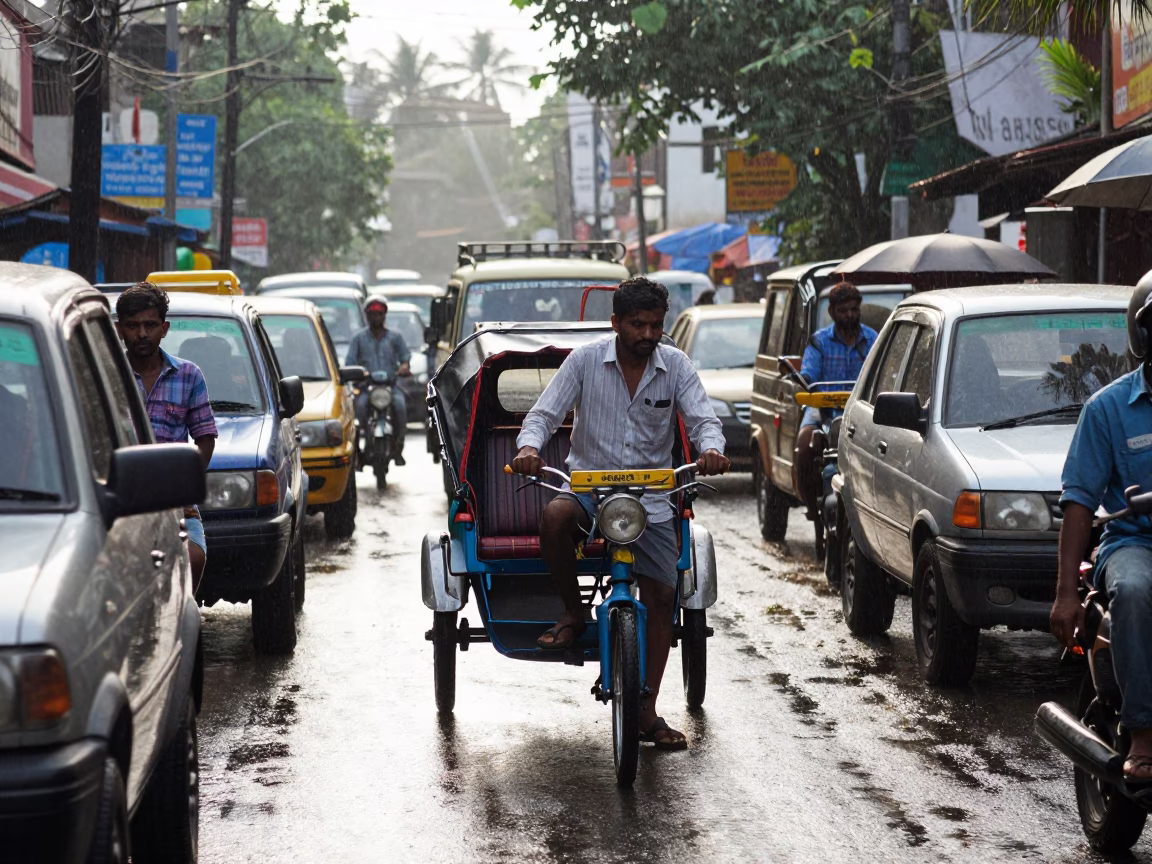 Busy Kochi India Noon Traffic Rickshaw Runner in Monsoon Street Scene in in Kochi, India
