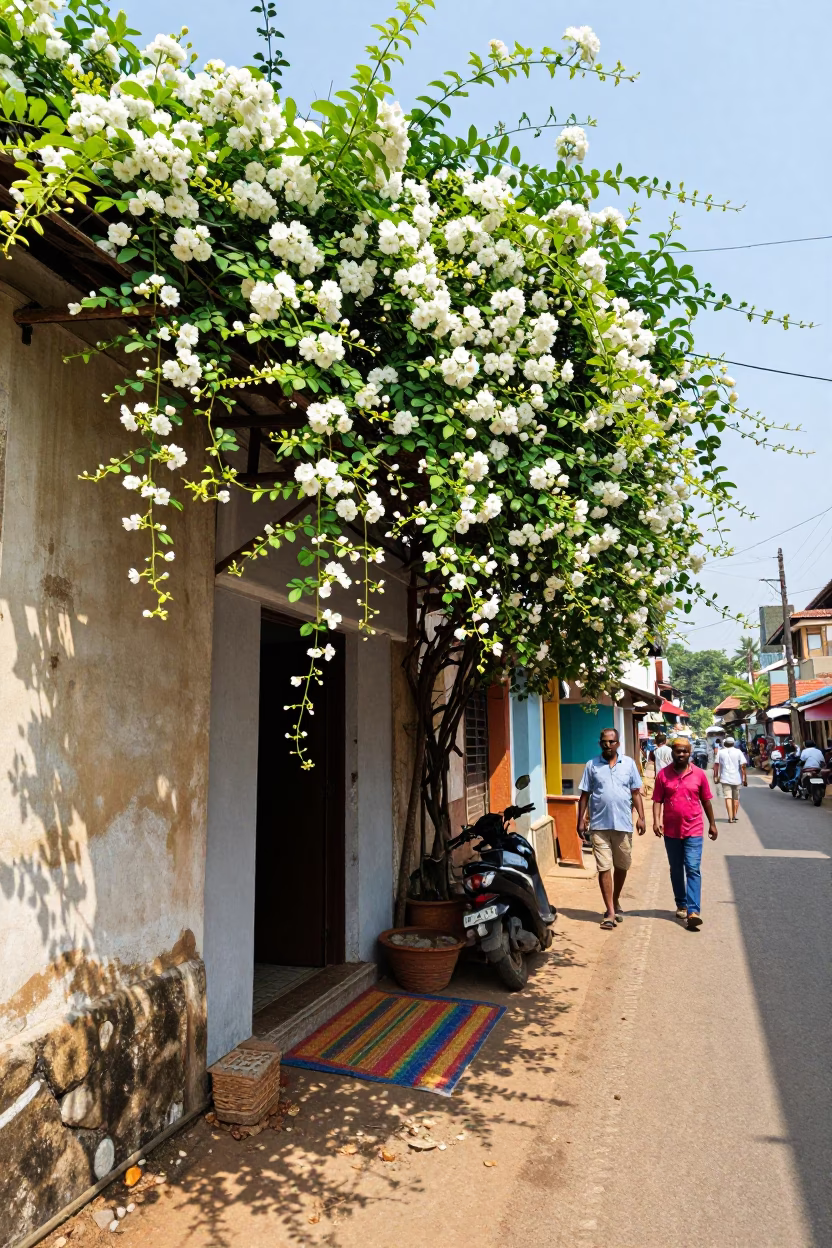 Busy Kochi India Street Scene with Climbing Jasmine and Local Commerce in in Kochi, India