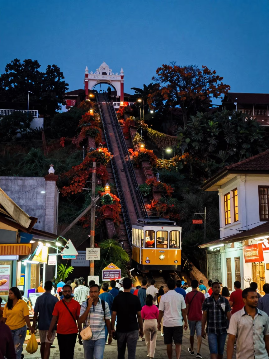 Busy Kochi India Twilight Street Scene with Funicular and Local Activity in in Kochi, India