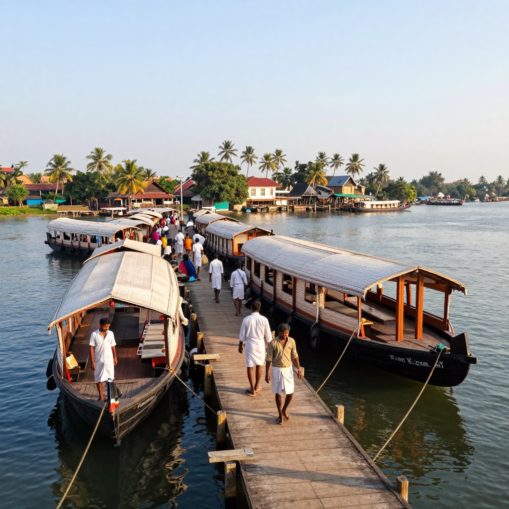 Busy Kochi Kerala Houseboat Market Backwaters Late Afternoon Light Realistic 1980s Photography in in Kochi, India