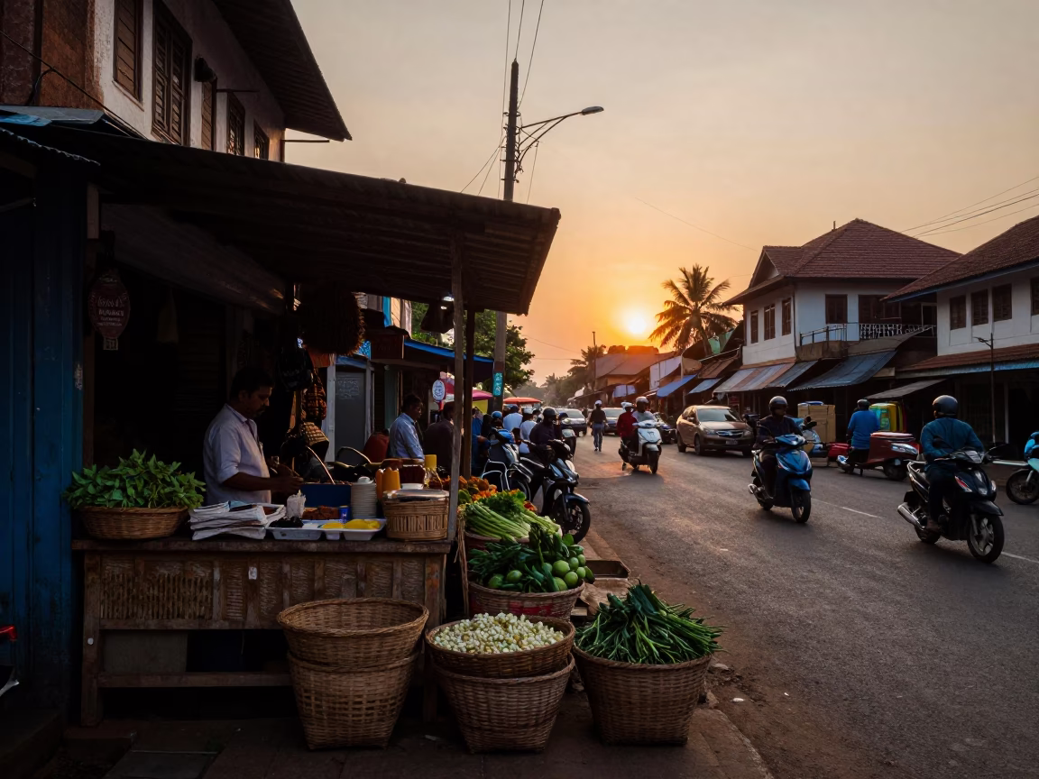 Busy Kochi Street Corner at Sunset with Local Shopkeeper and Vine in in Kochi, India