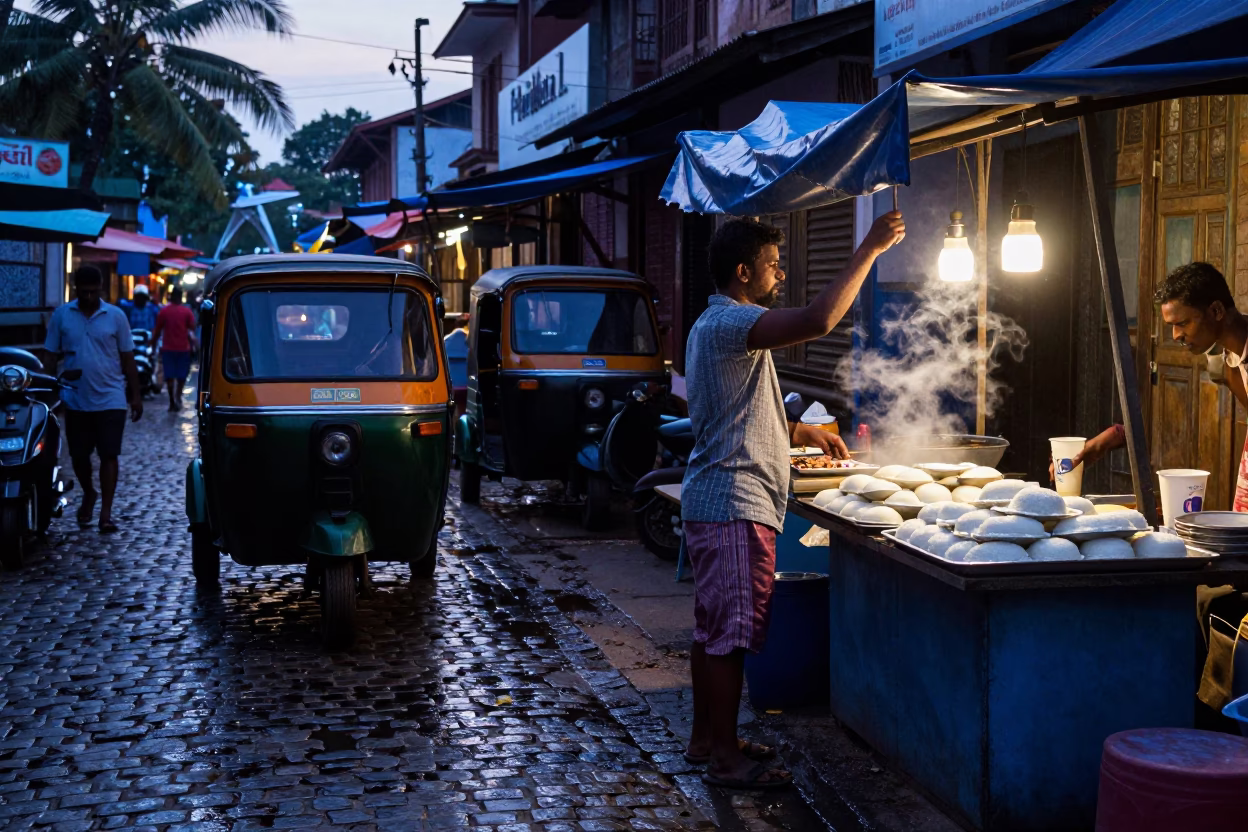 Busy Kochi Street Market at Nautical Dawn with Tricycle and Wet Cobblestones in in Kochi, India