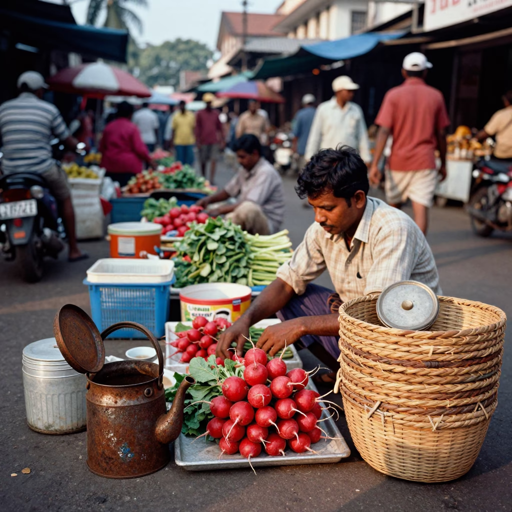Busy Kochi Street Market Scene Late Afternoon with Tea Tin and Radishes in in Kochi, India