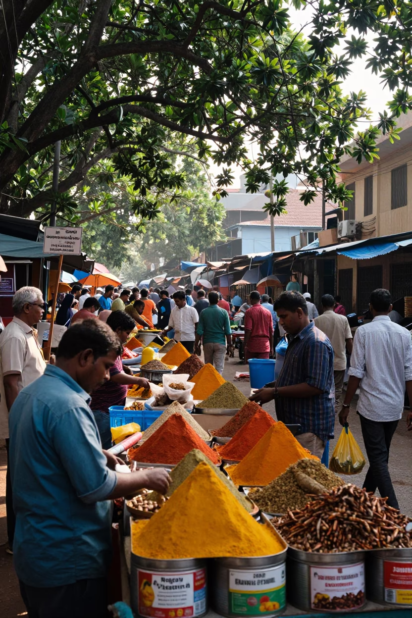 Busy Kochi Street Market Scene with Spice Tins and Colorful Goods at First Light in in Kochi, India
