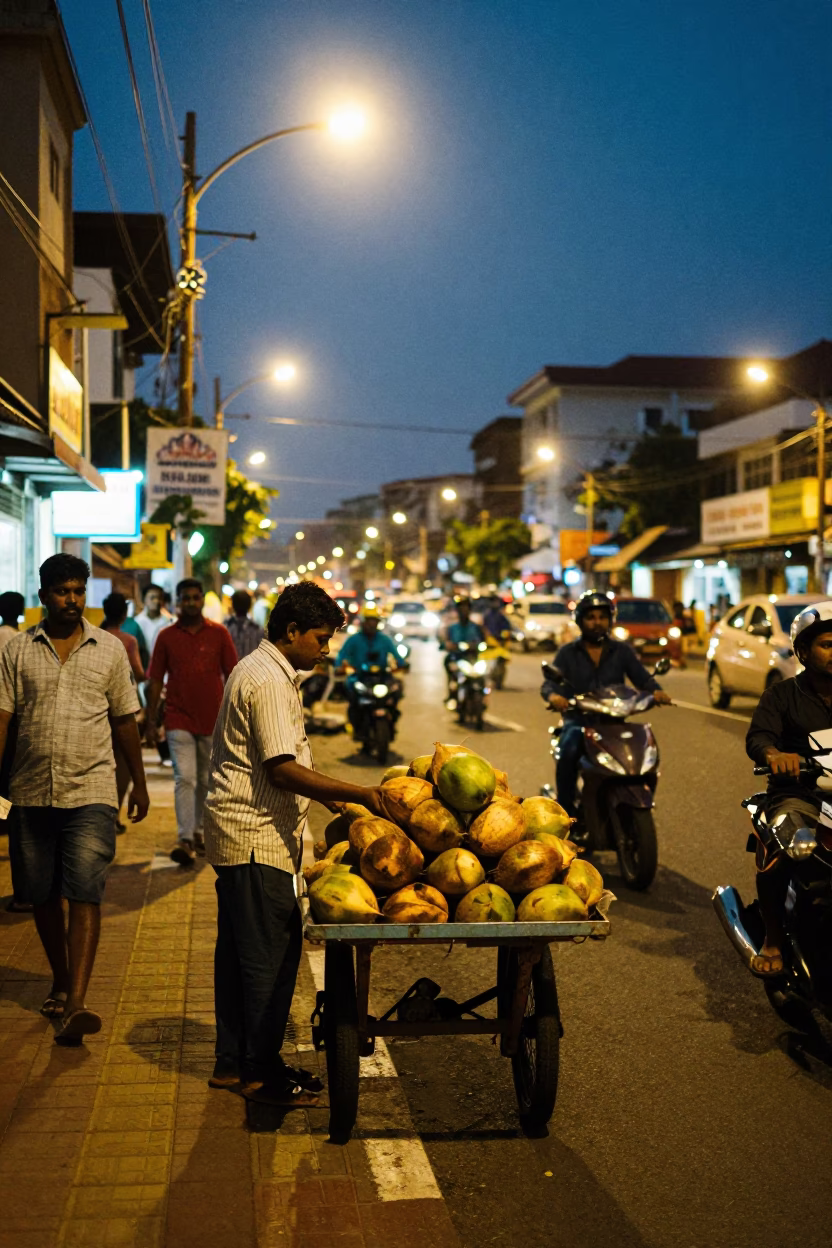 Busy Kochi Street Night Scene with Electric Lights and Local Vendors in in Kochi, India