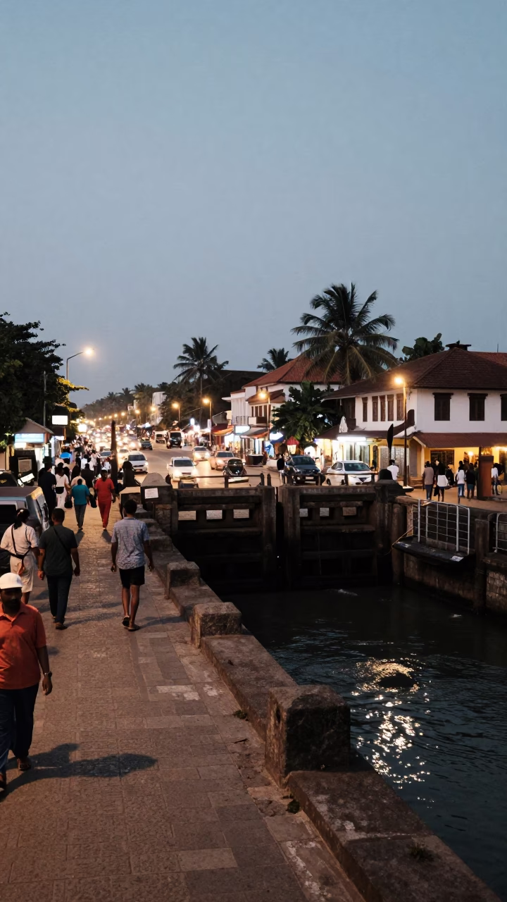 Busy Kochi Street Scene at Dusk with Sluice Gate Walkway and Tea-Colored River in in Kochi, India