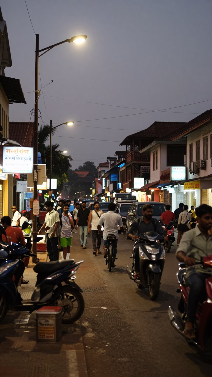 Busy Kochi Street Scene at Dusk with Tea Tin and Local Life in in Kochi, India