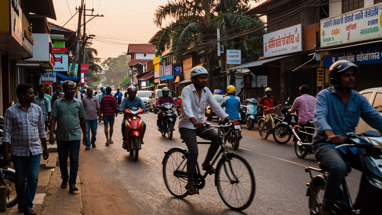 Busy Kochi Street Scene at Golden Hour with Cyclist and Local Life in in Kochi, India