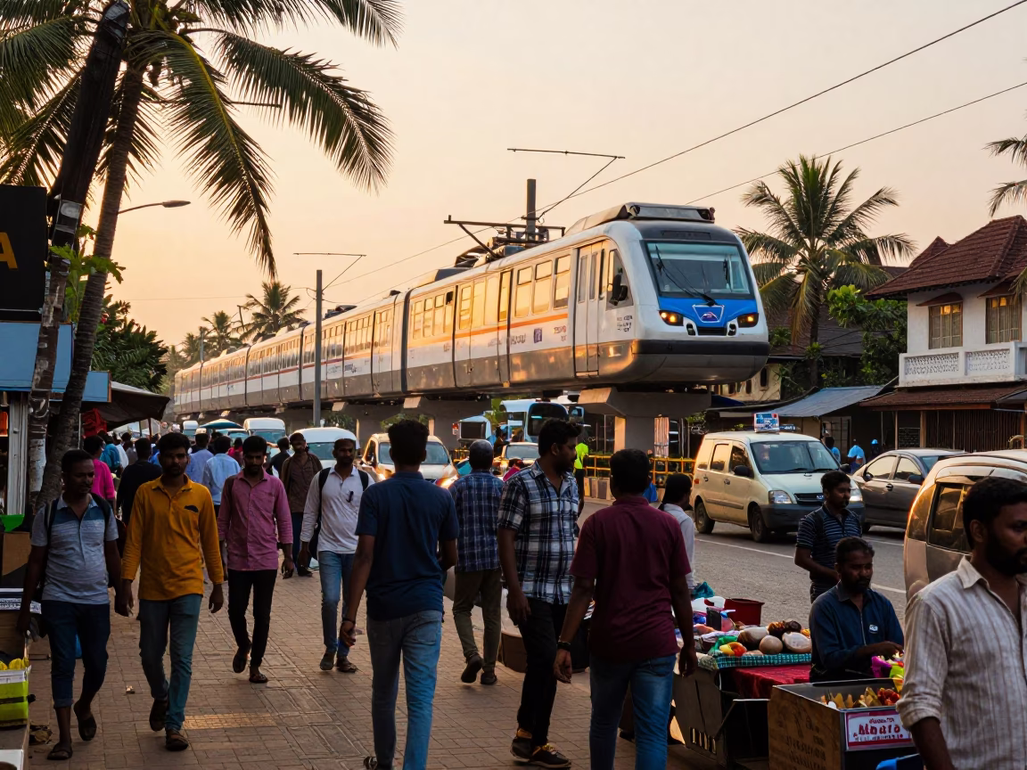 Busy Kochi Street Scene at Golden Hour with Monorail and Palm Trees in in Kochi, India