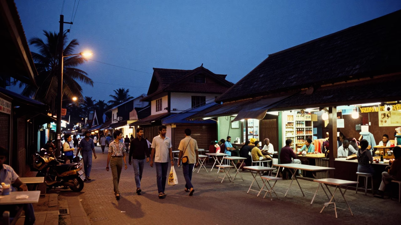 Busy Kochi Street Scene at Indigo Twilight with Folding Tables and Local Life in in Kochi, India