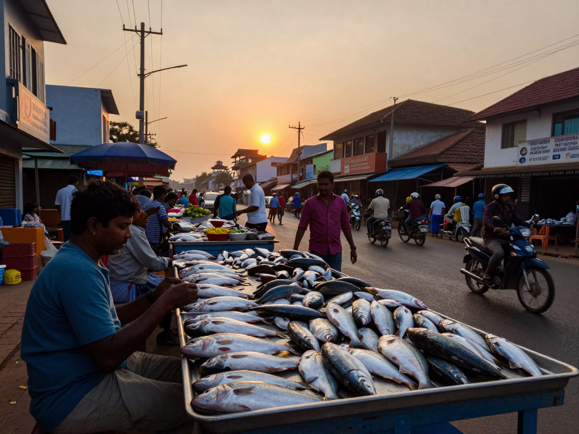 Busy Kochi Street Scene at Sunset with Fish Scales and Local Life in India in in Kochi, India