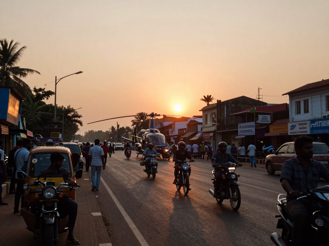Busy Kochi Street Scene at Sunset with Helicopter and Local Life in in Kochi, India