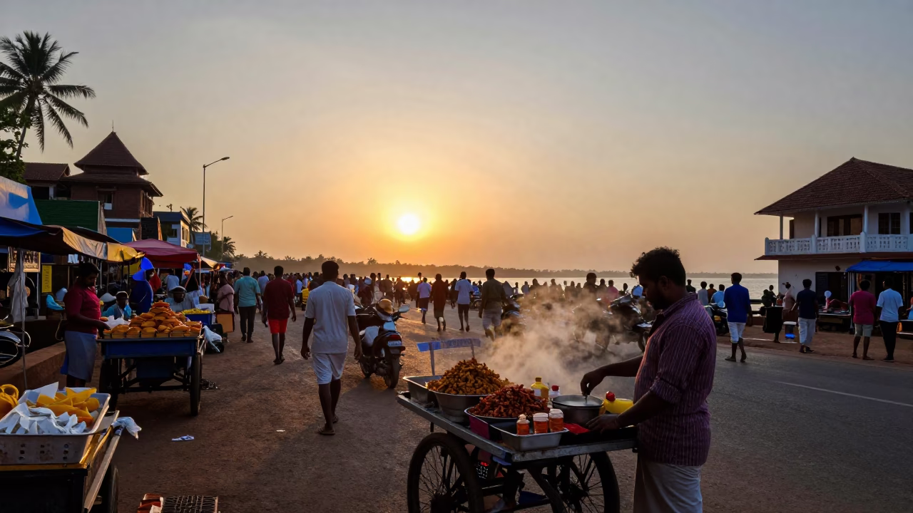 Busy Kochi Street Scene at Sunset with Local Vendors and Travelers in in Kochi, India