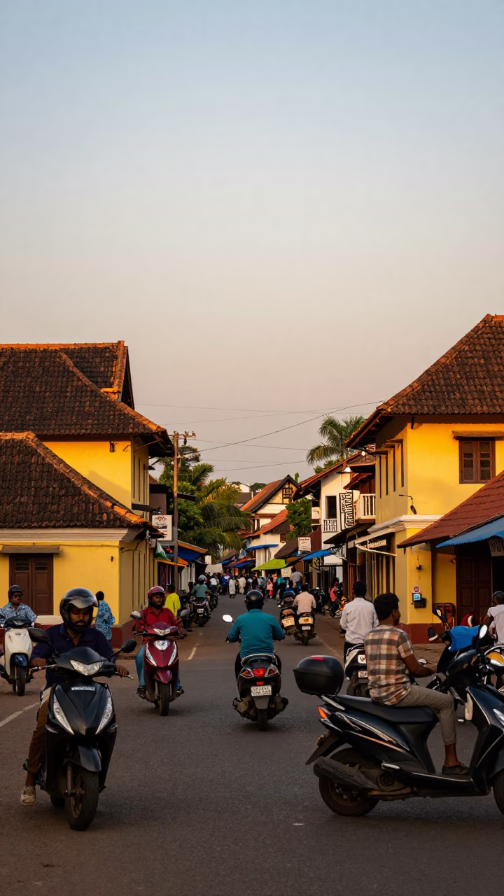 Busy Kochi Street Scene at Sunset with Scooters and Traditional Kerala Architecture in in Kochi, India