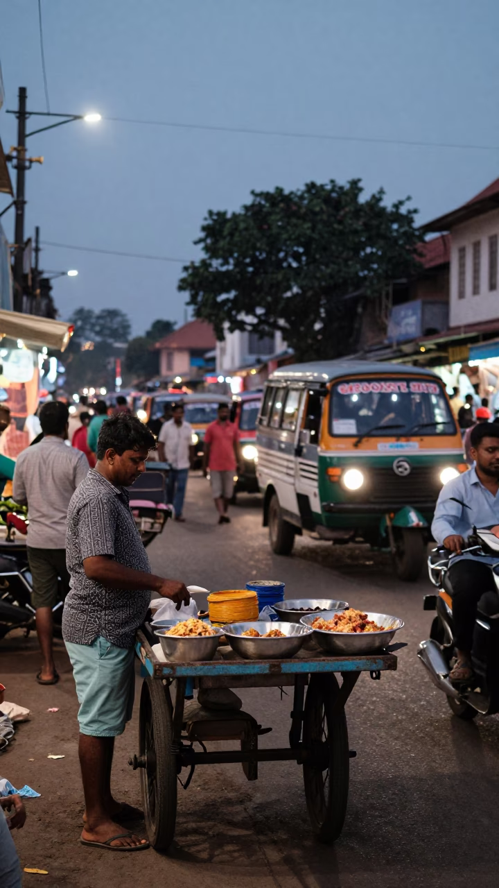 Busy Kochi Street Scene at Twilight with Chaat Vendor and Local Traffic in in Kochi, India