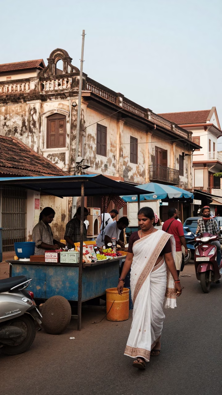 Busy Kochi Street Scene Early Afternoon with Local Vendors and Traditional Architecture in in Kochi, India