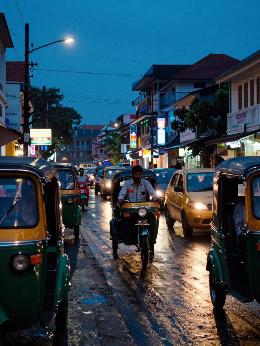 Busy Kochi Street Scene in Indigo Twilight with Rickshaws and Local Life in in Kochi, India
