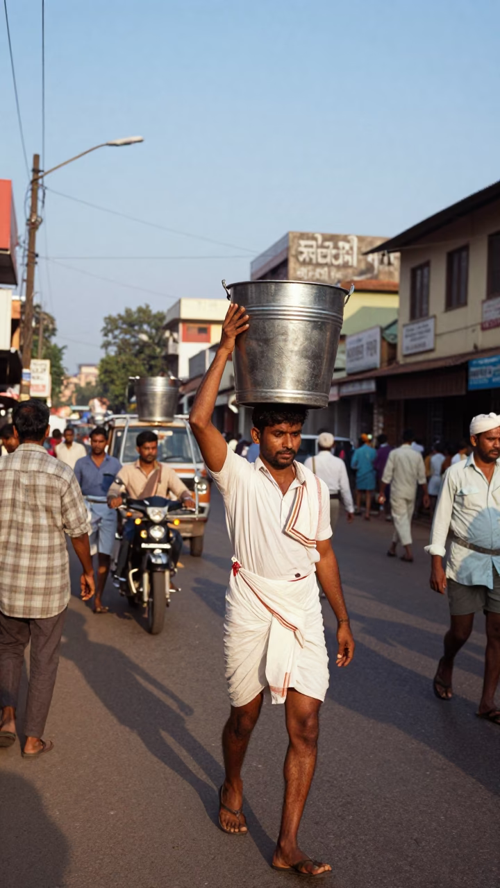 Busy Kochi Street Scene Late Afternoon 1960s India with Metal Bucket and Wooden Mallet in in Kochi, India