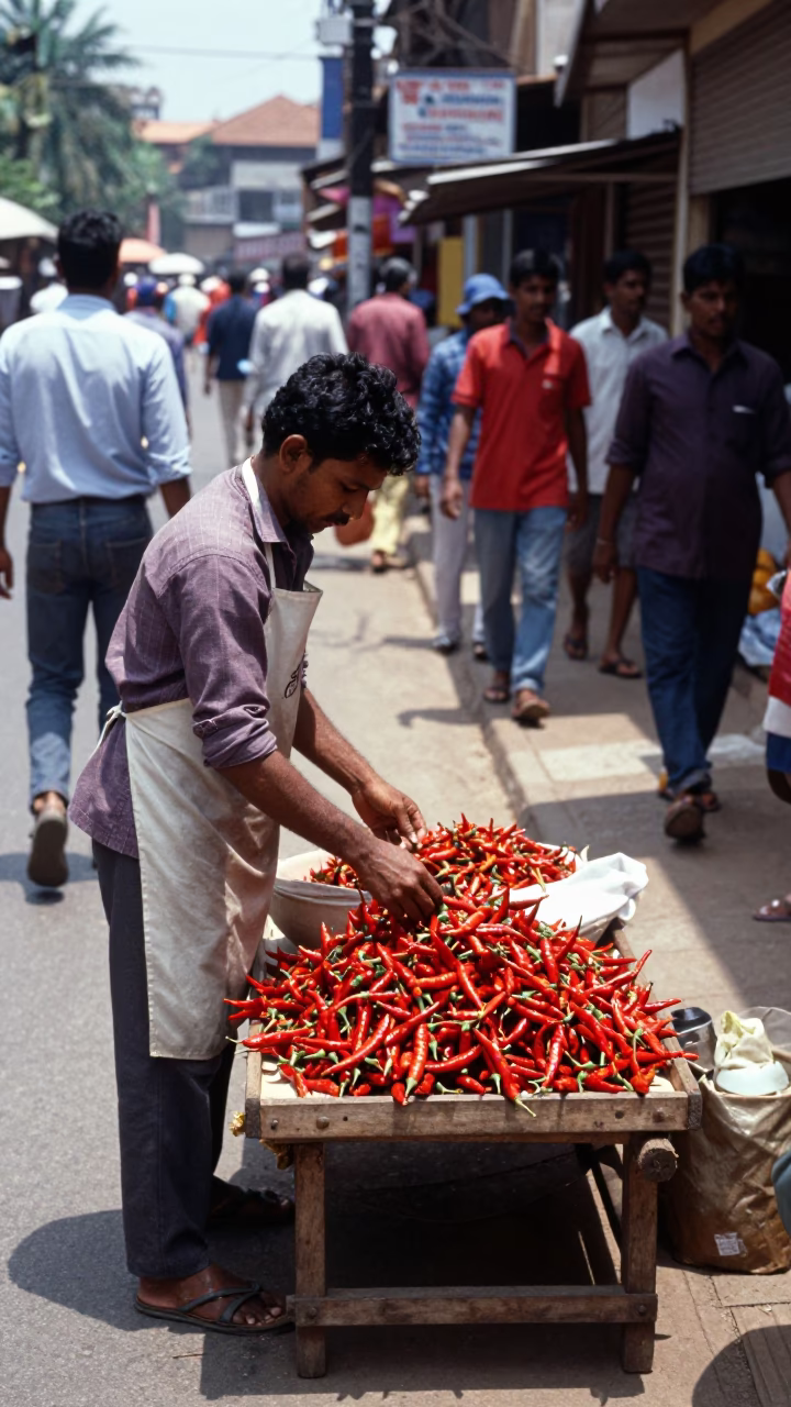 Busy Kochi Street Scene with Apron and Chili Peppers Under Noon Sun in in Kochi, India