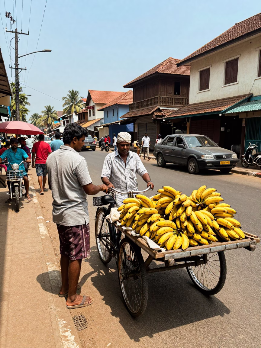 Busy Kochi Street Scene with Banana Seller and Bicycle Under Noon Sun in in Kochi, India