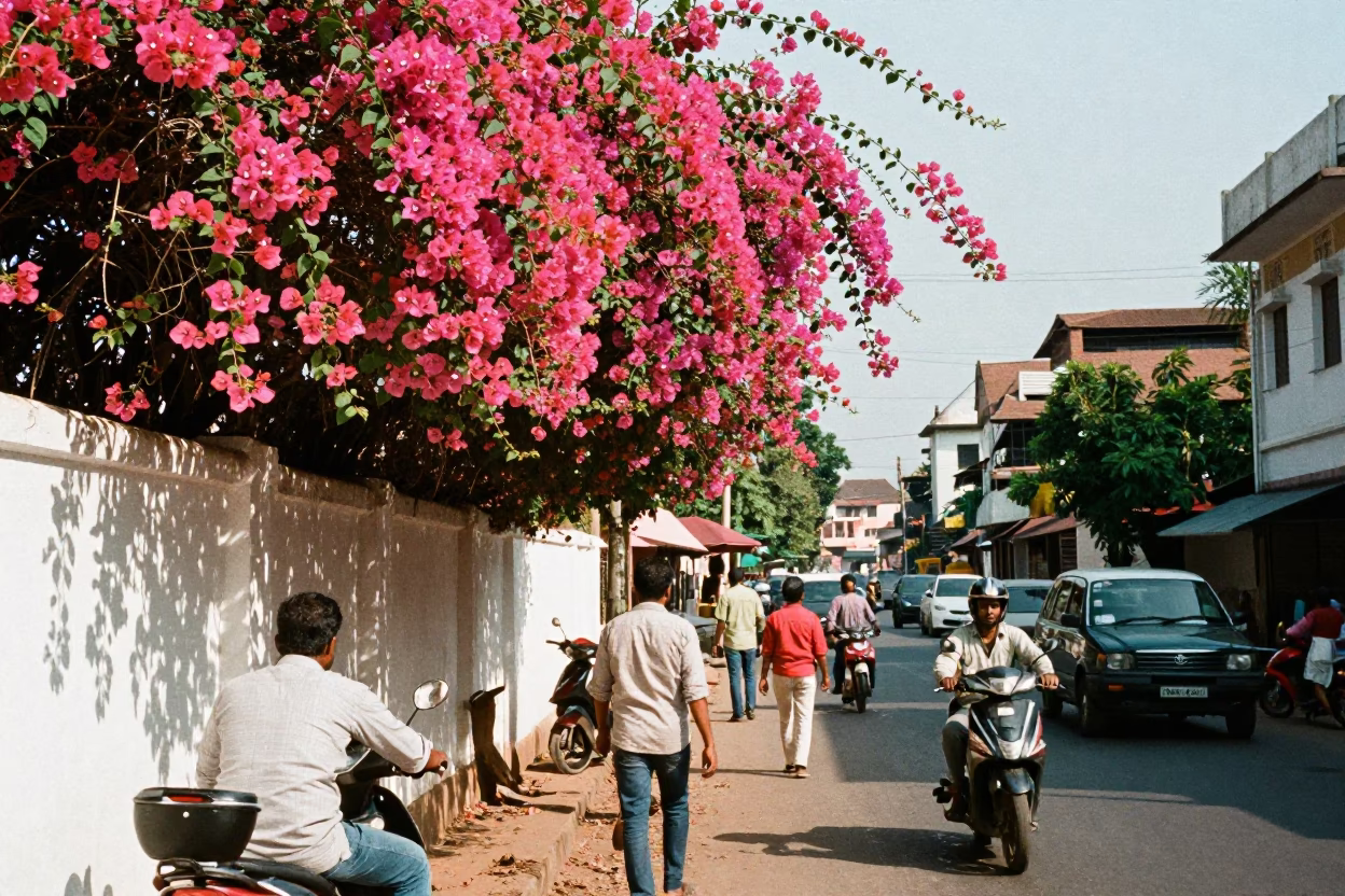 Busy Kochi Street Scene with Bougainvillea and Local Life at Midday in in Kochi, India