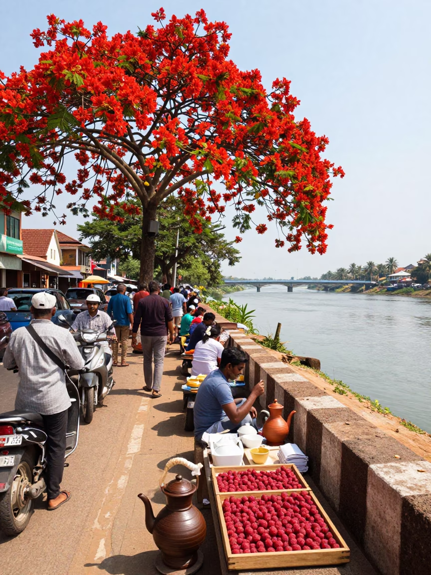 Busy Kochi Street Scene with Flame Tree and River View in in Kochi, India