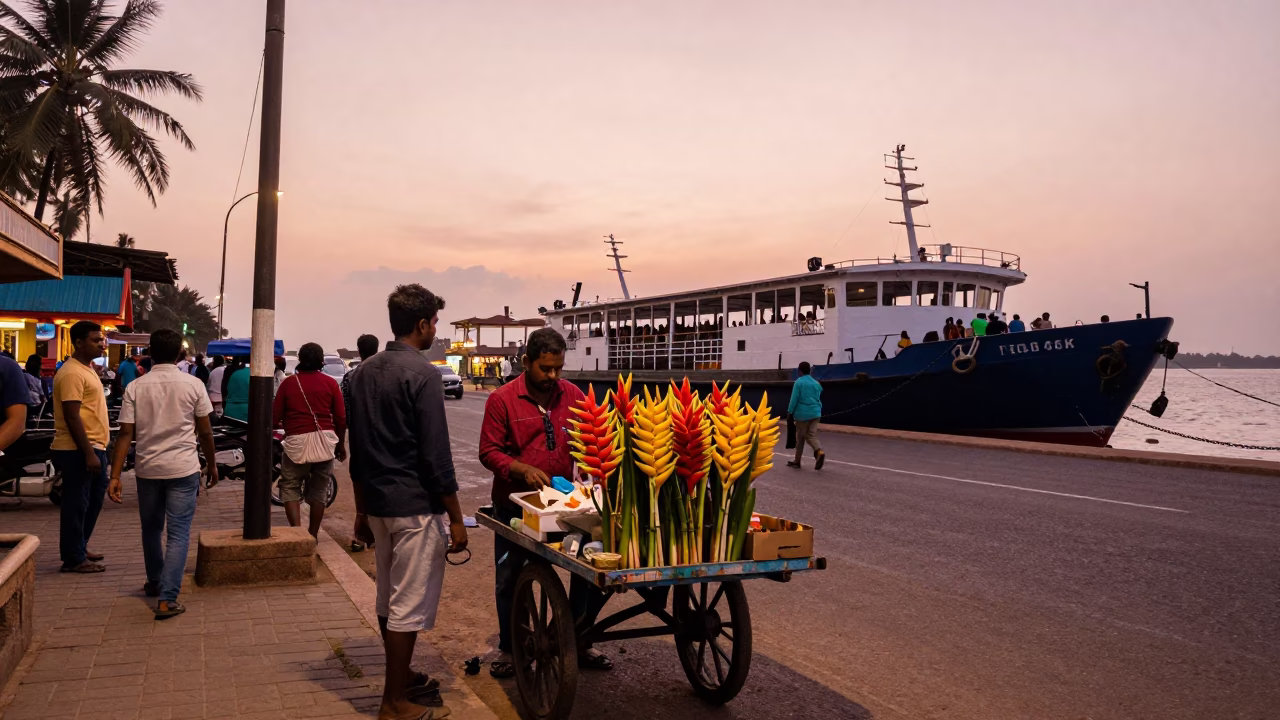 Busy Kochi Street Scene with Heliconia and Chain Ferry in Dusk Light in in Kochi, India