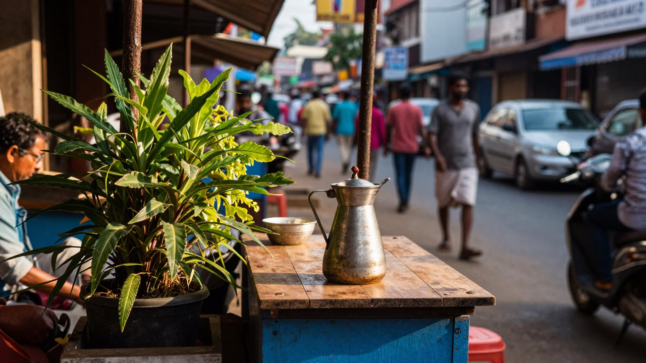 Busy Kochi Street Scene with Houseplants and Carafe in Early Afternoon Light in in Kochi, India