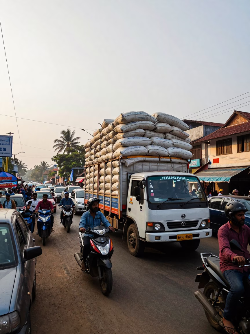 Busy Kochi Street Scene with Overloaded Truck and Local Traffic in Late Afternoon Light in in Kochi, India