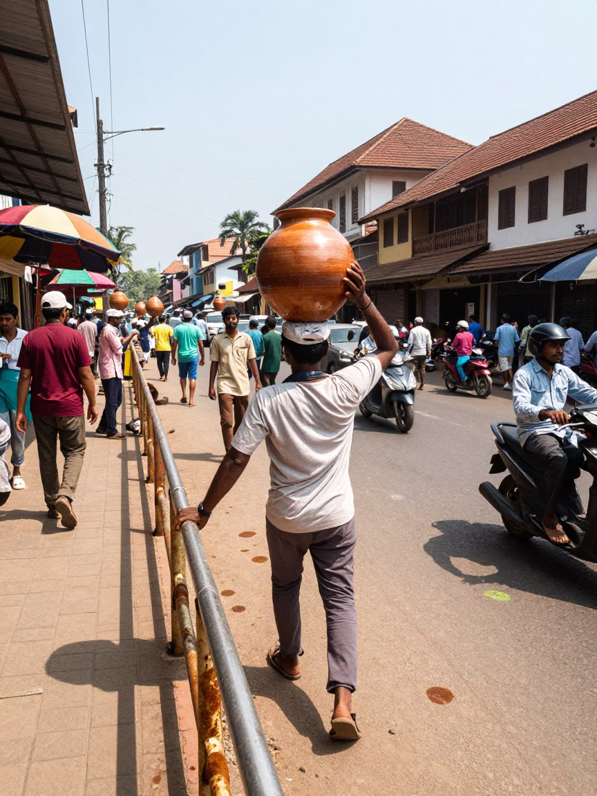 Busy Kochi Street Scene with Tea Stains and Terracotta Pot in Bright Midmorning Light in in Kochi, India