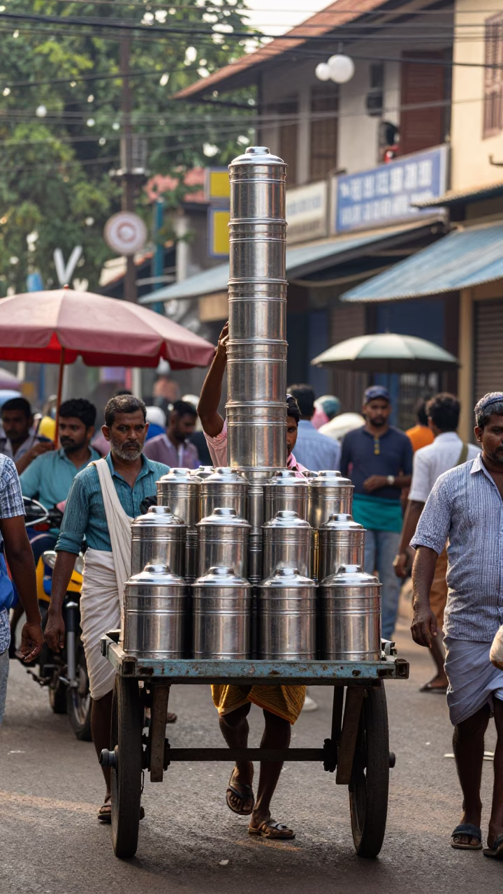 Busy Kochi Street Scene with Tiffin Tin and Local Commerce in Late Morning in in Kochi, India