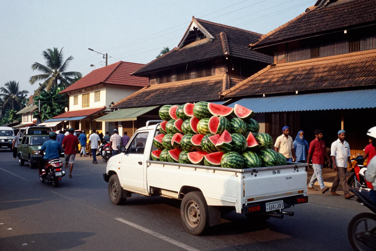 Busy Kochi Street Scene with Watermelon Truck and Olive Wood Spoon in in Kochi, India