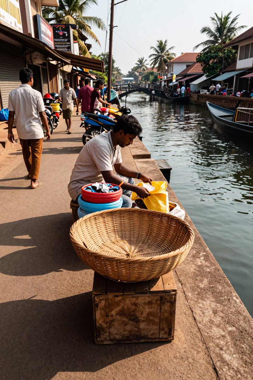 Busy Kochi Street Scene with Wicker Hamper and Local Market Activity in Late Afternoon in in Kochi, India