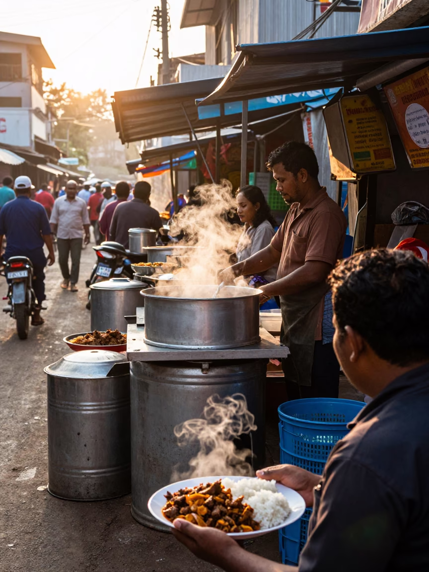 Busy Kochi Street Stall Sunrise Scene with Steel Containers and Rice Plate in in Kochi, India