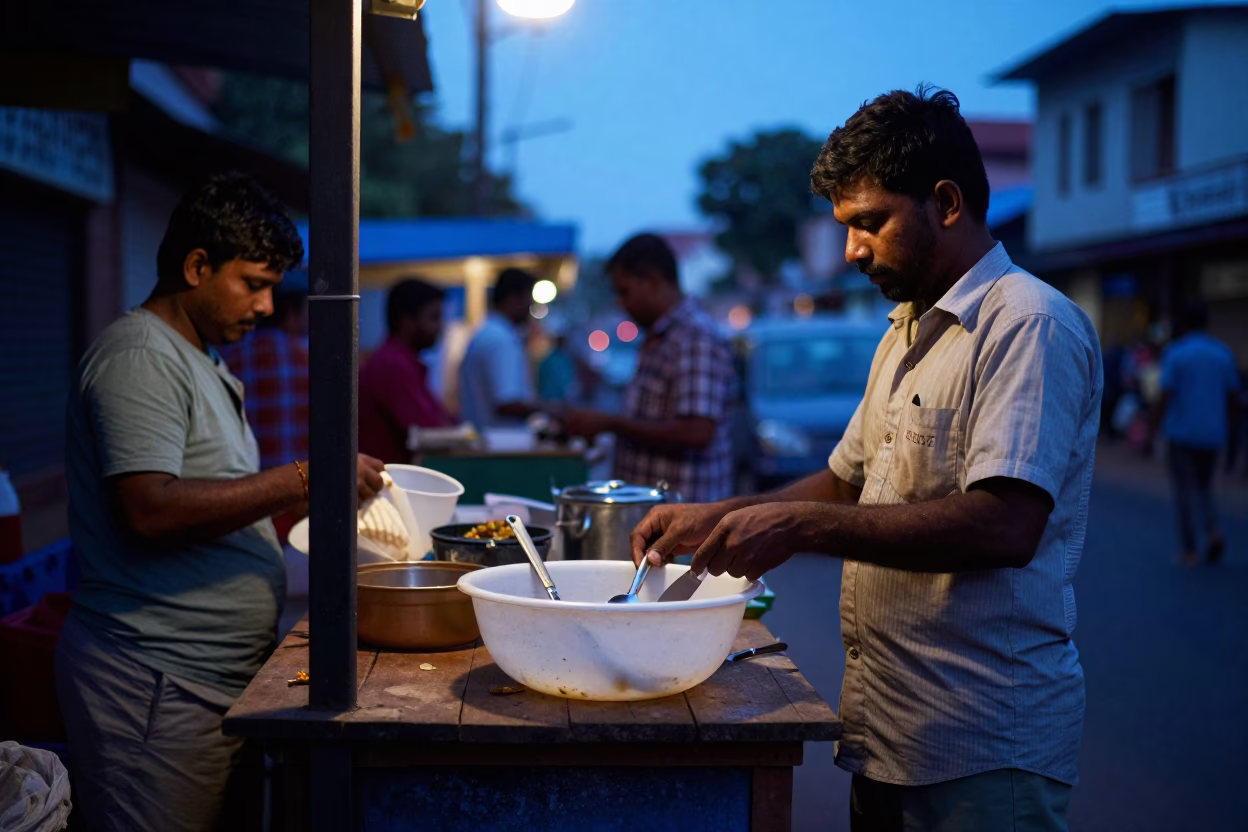 Busy Kochi Street Vendor Evening Scene with Utensil Crock and Hand Broom in in Kochi, India