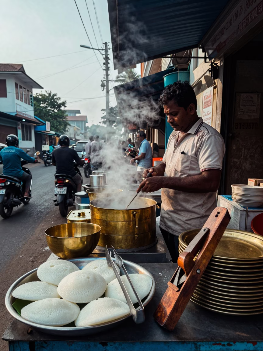 Busy Kochi Street Vendor Morning Scene with Local Kitchen Tools in in Kochi, India