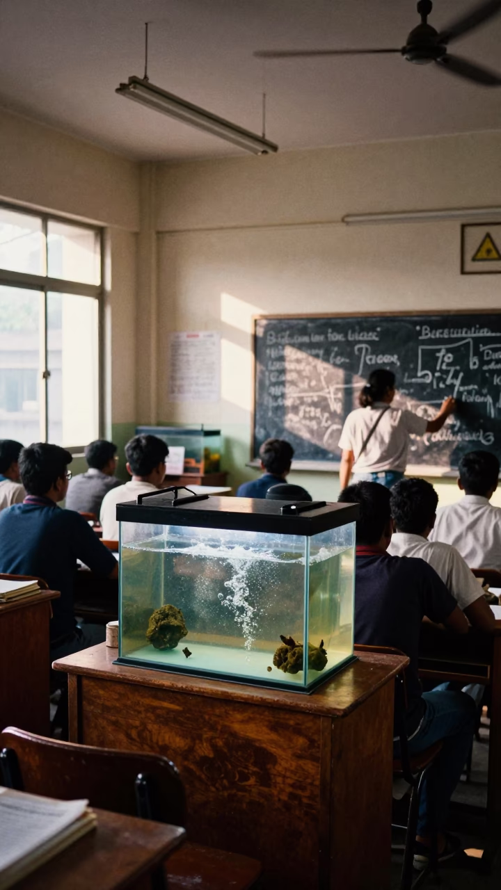 Busy Kolkata Classroom Late Afternoon with Aquarium and Blackboard Fractions in in Kolkata, India