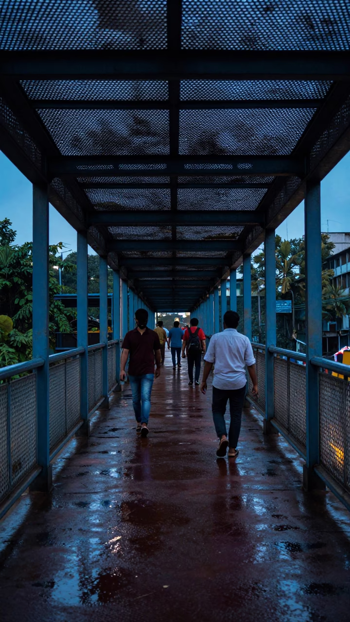 Busy Kolkata Evening Pedestrian Overpass with Wet Footsteps and City Life in in Kolkata, India