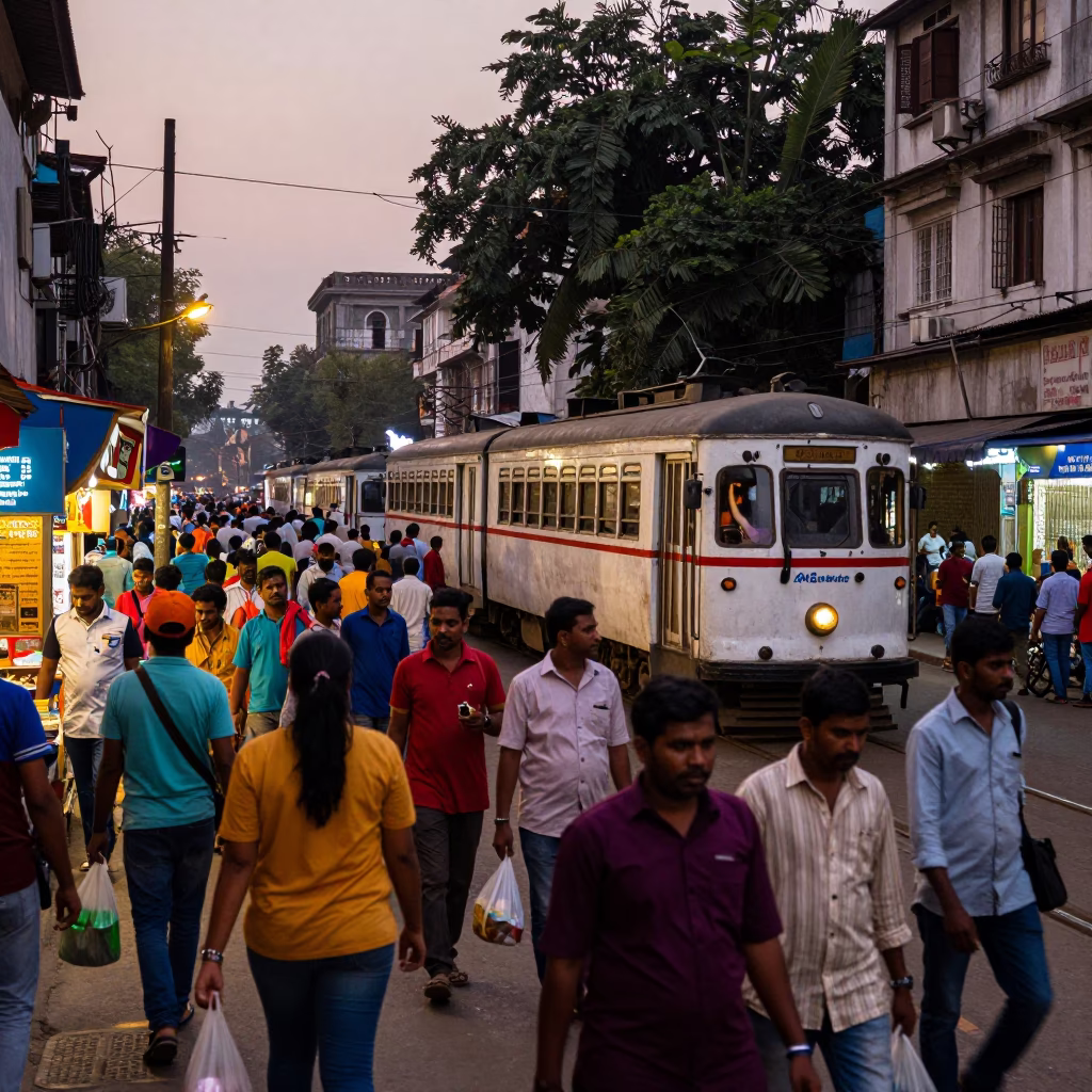 Busy Kolkata Evening Street Scene with Heritage Tram and Local Vendors in in Kolkata, India